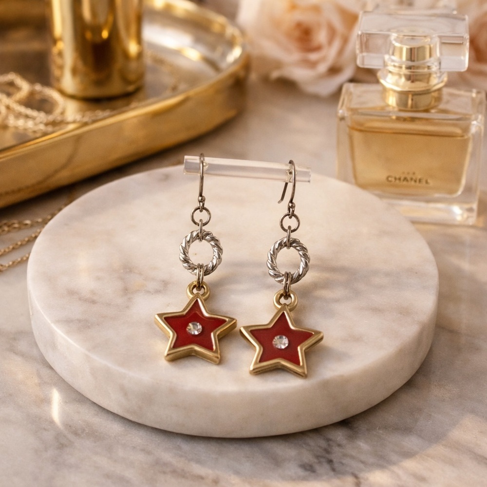 Vintage Patriotic Jeweled Star Dangle Earrings Red Gold Silver Star Earrings